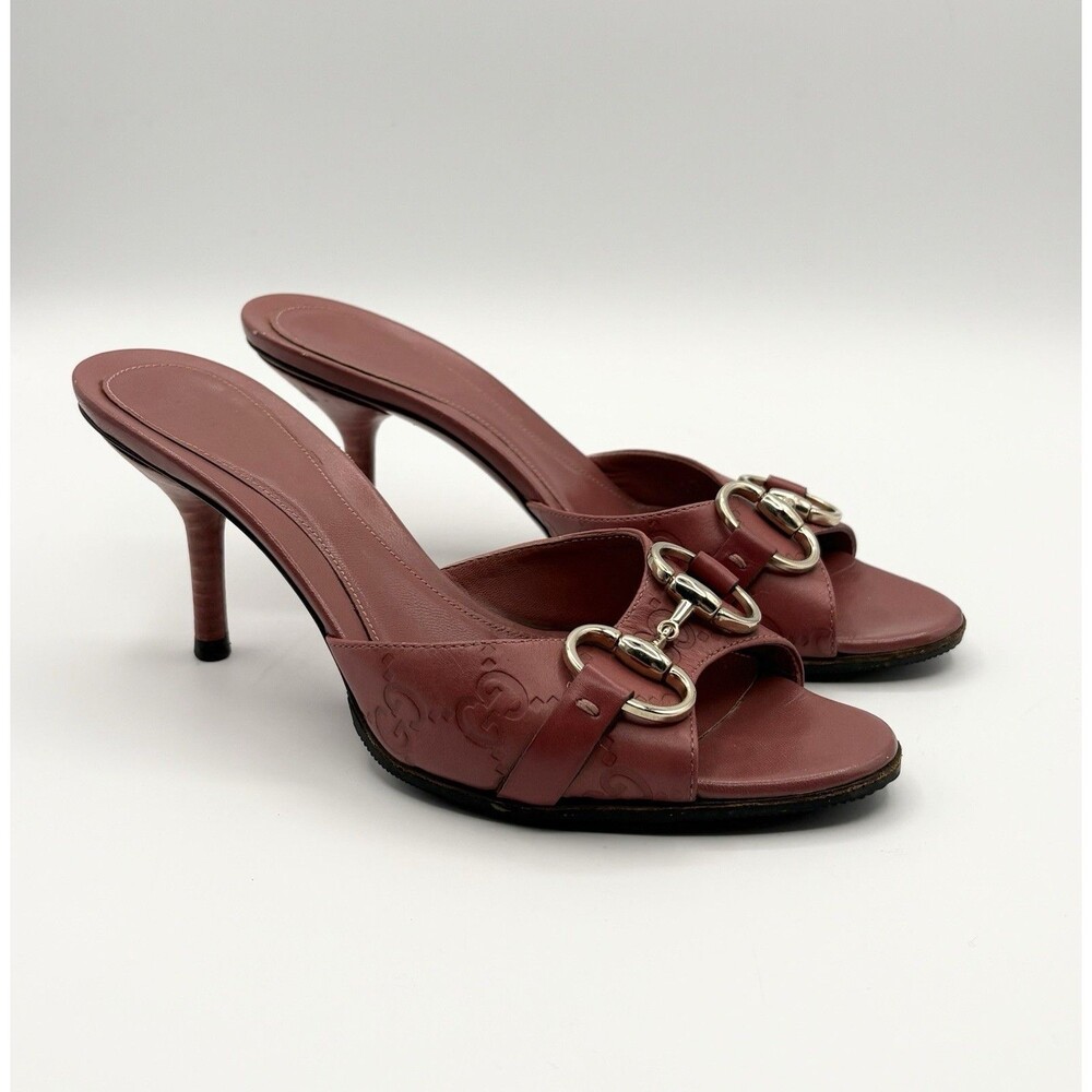Gucci Pink Guccissima Leather Mules Kitten Heels Silver Horse-bit Accent EU 35.5 - Picture 2 of 13